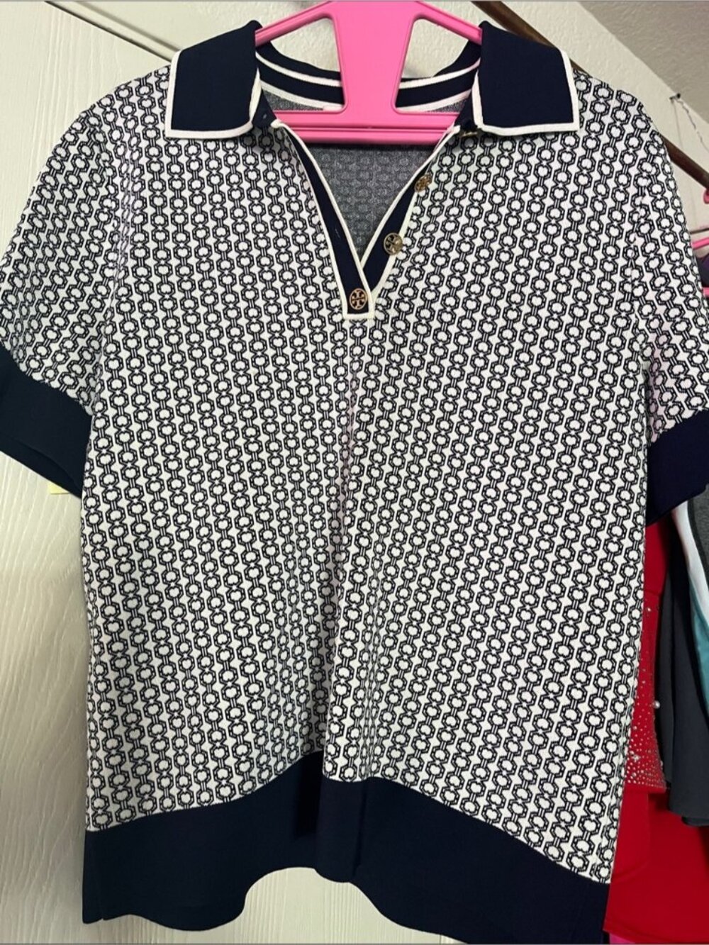 Tory Burch Knit Polo with Gemini Link Print - Cream & Black SIZE LARGE
